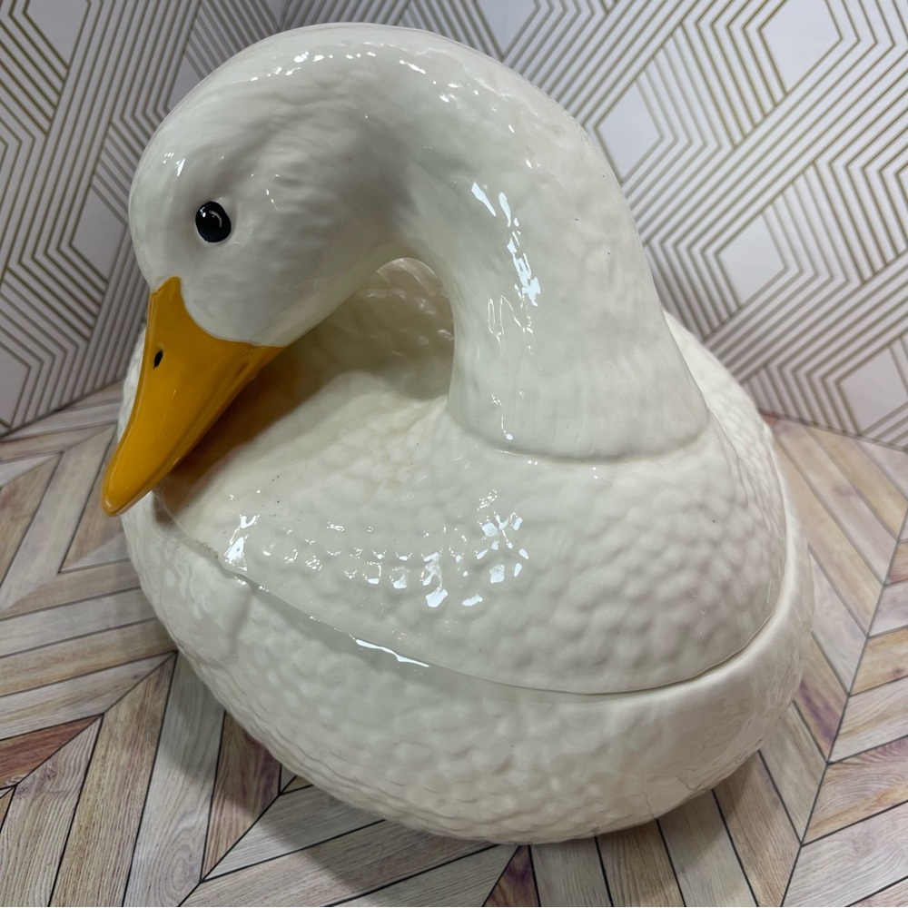 Vintage Unique Detailed Ceramic Duck‎ Soup Tureen with Ladle, Signed